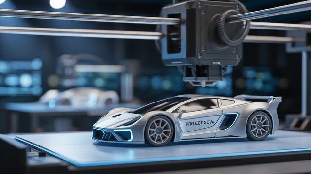 Advanced 3d Printer Creating a Detailed Silver Sports Car Model in a Futuristic Workshop with Blue Neon Accents and Soft Bokeh Background Lighting