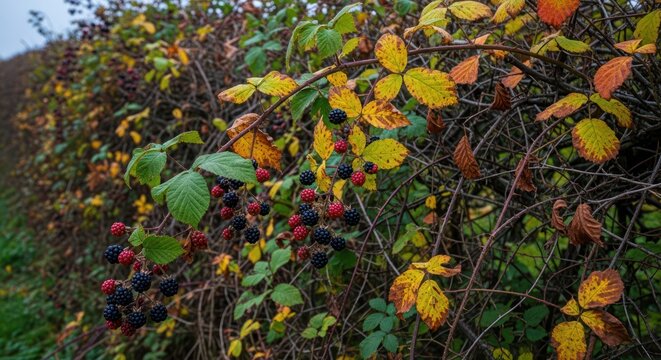 Autumnal bramble bush laden with ripe and unripe blackberries.