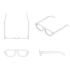 A minimalistic line-art illustration of eyeglasses shown from multiple angles, including front, side, top, and perspective views