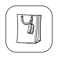 A simple black-and-white line art illustration of a shopping bag with a &ldquo;SALE&rdquo; tag attached.