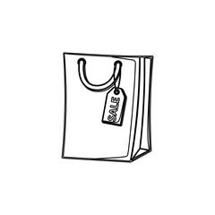 Simple hand-drawn shopping bag illustration with a sale tag.