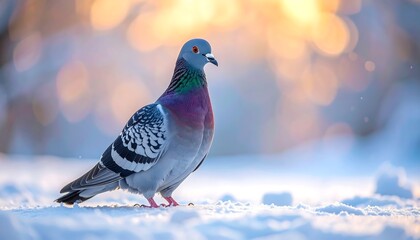 A pigeon stands on snow, sunlight glows brightly in the background