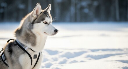 An energetic Siberian Husky wearing a harness stands in the snow against the backdrop of a snow-covered winter forest. A close-up of the sled dog ready for a race.