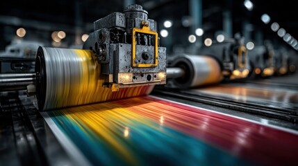 Fototapeta premium High-speed printing machine in operation, industrial printing process close-up shot