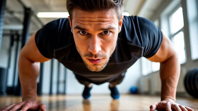 Athletic man performing push-ups on gym floor, focusing on fitness and strength training. Concentrating on his exercise