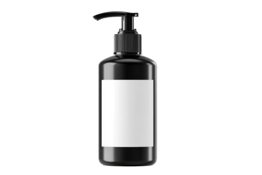 Sleek black pump dispenser bottle with blank label for product mockups and branding