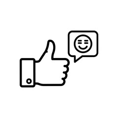 Thumbs up gesture with a speech bubble containing a smiling face icon in a minimalist line art style