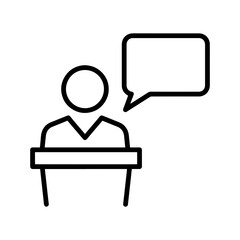 A simple line drawing of a person standing behind a podium with a speech bubble next to their head