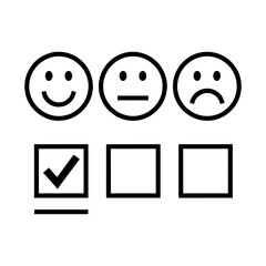 Customer satisfaction survey with happy neutral and sad faces and a checkmark in the first box