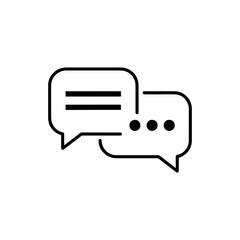 Two overlapping speech bubbles with text lines and ellipsis dots in a minimalist black and white design