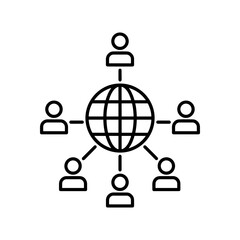 Illustration of a globe with grid lines surrounded by people connected by lines in a network concept