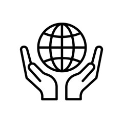 Outline drawing of two hands holding a globe with grid lines in a protective gesture of care and support