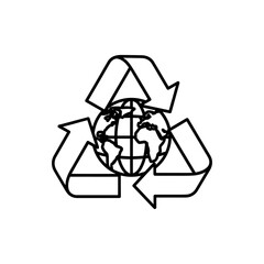 Recycle symbol outline surrounding a globe showing continents and latitude and longitude lines design