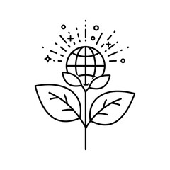 Stylized planet earth as a flower with leaves and radiating lines in a line art style design illustration