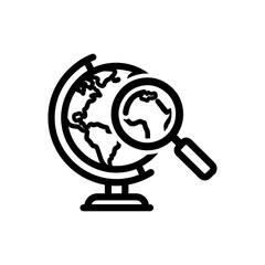 Globe with continents and magnifying glass showing details in a black and white line drawing style icon