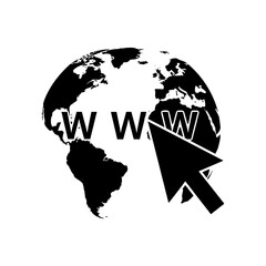 World map with www text and a cursor pointing toward it in black and white simple illustration