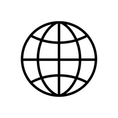 A simple black and white outline of a globe with latitude and longitude lines on a white background design
