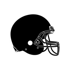 Illustration of a black football helmet with a face mask and small circular details on the side view