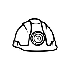 Illustration of a white construction hard hat with a headlamp in black outline on a white background