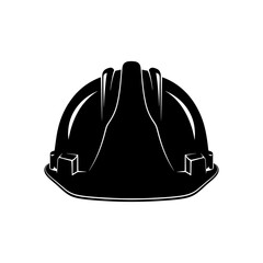 Illustration of a black construction hard hat with a brim and adjustable straps for safety work