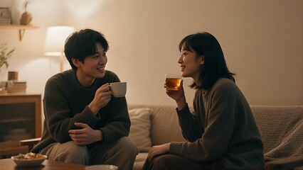 Smiling couple enjoy drinks indoors facing each other in a cozy setting