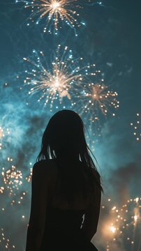 A person's silhouette is captured from behind, gazing up at a vibrant fireworks display bursting across the night sky, creating a moment of quiet awe and celebration.