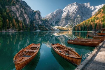 Obraz premium Wooden boats on tranquil lake with mountain backdrop