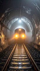 Obraz premium A train emerges from a dark tunnel, its headlights piercing through the mist. The tracks lead into the unknown
