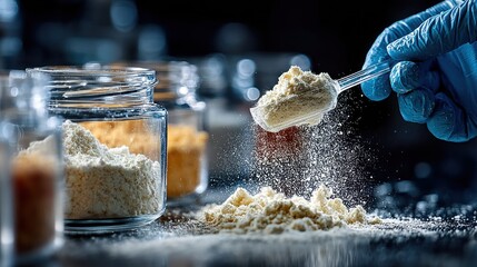 Scientific investigation of powder with jars in a laboratory setting, close up