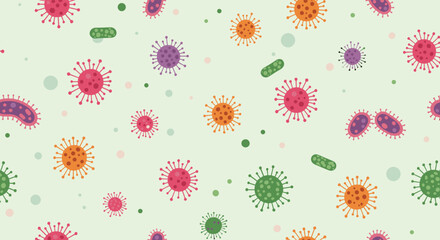Fototapeta premium A colorful collection of diverse microorganisms and viruses scattered across a light green background.