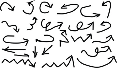 Collection of hand drawn black arrows and directional symbols on a white background