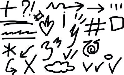 Collection of hand drawn doodle symbols arrows hearts hashtag and checkmarks on white background