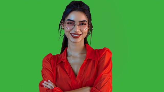 A smiling woman with glasses and a red shirt is featured in a close-up, studio-shot video against a solid green background.