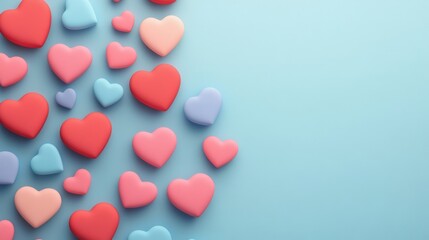 Cute, colorful hearts in different sizes and pastel tones, forming a romantic border on a soft blue background
