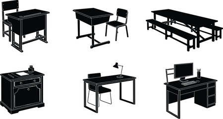 Black silhouette vector illustration of school desks, chairs, tables, office desk, classroom furniture, study desk, workstation, student table, teacher desk