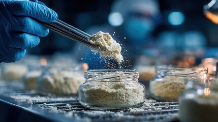 Laboratory worker pouring powder into jars representing food,science or medicine production