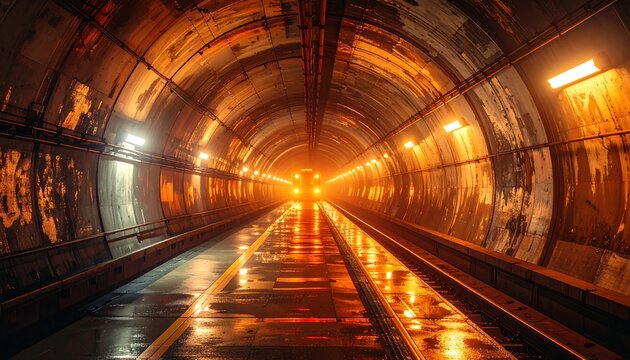A train emerges from a long, curved tunnel with warm lighting reflecting on wet platform