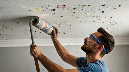 Man wearing safety goggles applying colorful confetti using a paint roller on the ceiling, symbolizing fun home renovation - Powered by Adobe