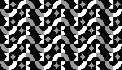 Seamless black and white geometric pattern featuring curved shapes and cross-like star elements arranged in a rhythmic, symmetrical layout
