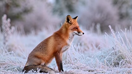 Vibrant red fox sits alertly in a frosty winter landscape, its keen eyes scanning the surroundings with intense focus and natural beauty. - Powered by Adobe