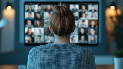 Woman attending a virtual business meeting on a large screen, working remotely from her home office, seeing multiple colleagues