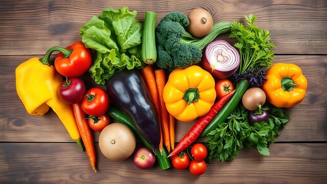 Fresh vegetables arranged in a heart shape on a rustic wooden table, showcasing natural colors.