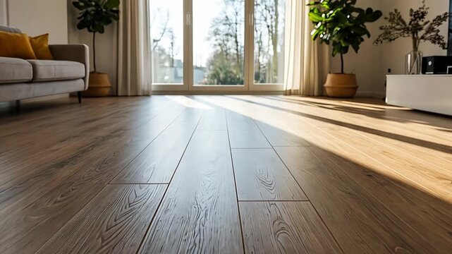 Laminate wood floorboards reflect bright sunlight in a contemporary living room, featuring a sofa and green plants creating a cozy domestic backdrop