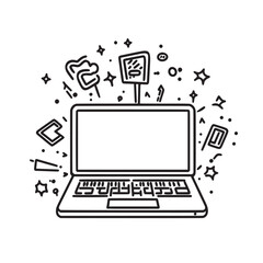 artistic vector illustration with simple lines of laptop surrounded by glowing neon signs