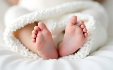 Adorable baby feet covered in a white blanket, maternity and babyhood concept. High quality