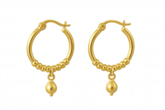 Pair of gold hoop earrings with beaded detailing and drop charms, fashion accessory for women, transparent background