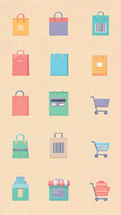 A collection of colorful shopping bags and carts, along with store fronts, presented in a grid layout on a textured background.