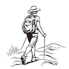 cartoon outline doodle illustration of hiking with a purpose for conservation
