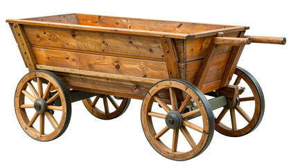 wooden wheelbarrow with four wheels isolated on white background