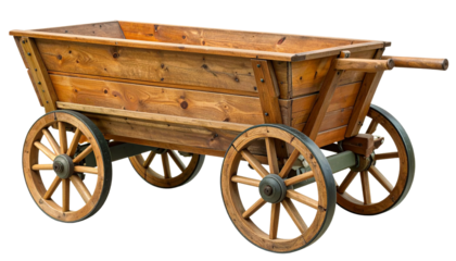wooden wheelbarrow with four wheels isolated on white background